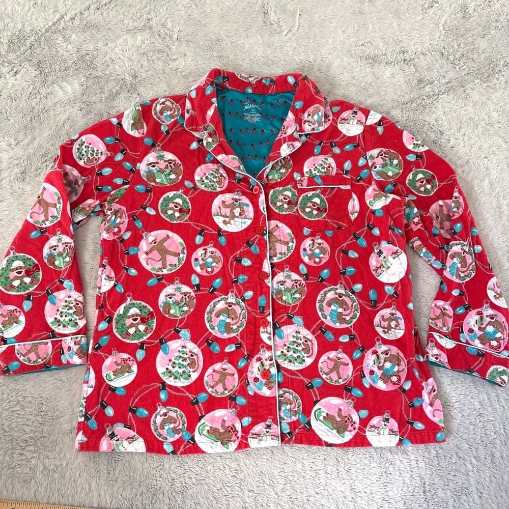 Nick & Nora Women XXL Christmas Pajama Top Long Slv Red Sock Monkey‎ Ornament